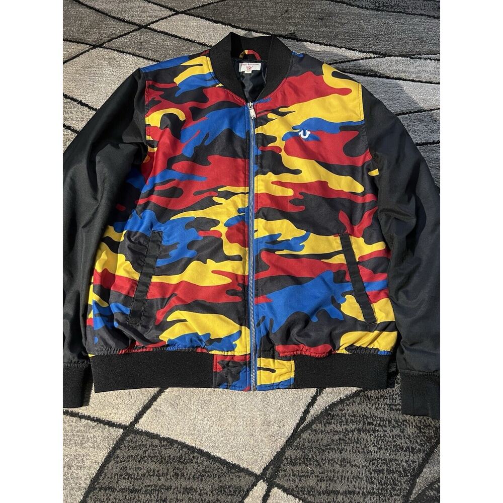 True Religion Jacket Mens XL - Black Multicolor Camo Zip Up Bomber